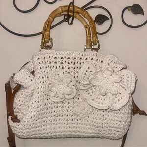NWT Patricia Nash Elegant White Crochet Handbag with Bamboo Handles. Beautiful!